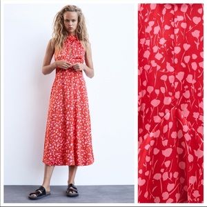 NWT Zara Red Floral Satin Effect Halter Neck Tie Back Midi Dress